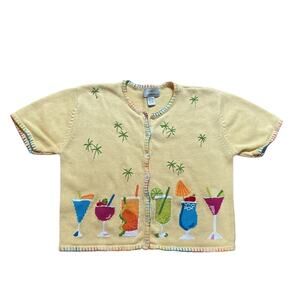 Casual Living yellow vacation drinks knit short sleeve cardigan sweater SIZE L